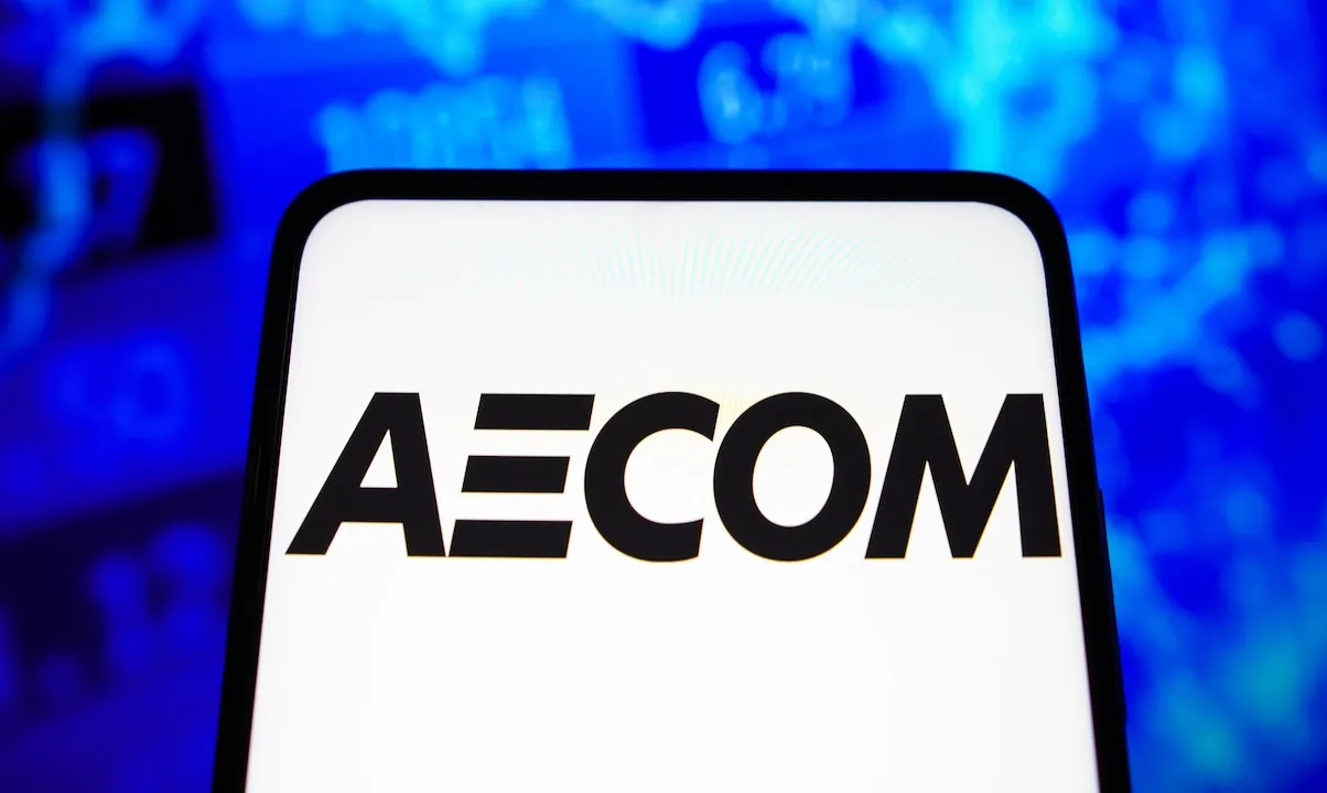 AECOM logo on smartphone screen against blue background.