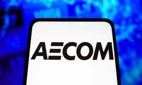 AECOM logo on smartphone screen against blue background.