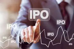 Businessman presses button ipo Initial Public Offering diagram online network.