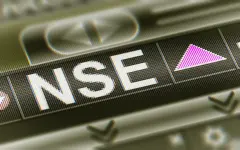 The image displays a digital screen with "NSE" visible, indicative of the National Stock Exchange of India, alongside an upward-trending arrow, suggesting positive stock market activity.