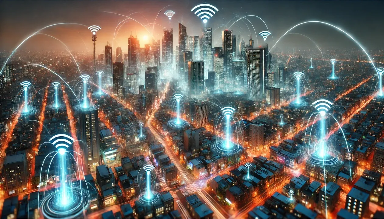  image depicting the smart city and telecommunication network concept with fiber, wireless, and wireline technologies.