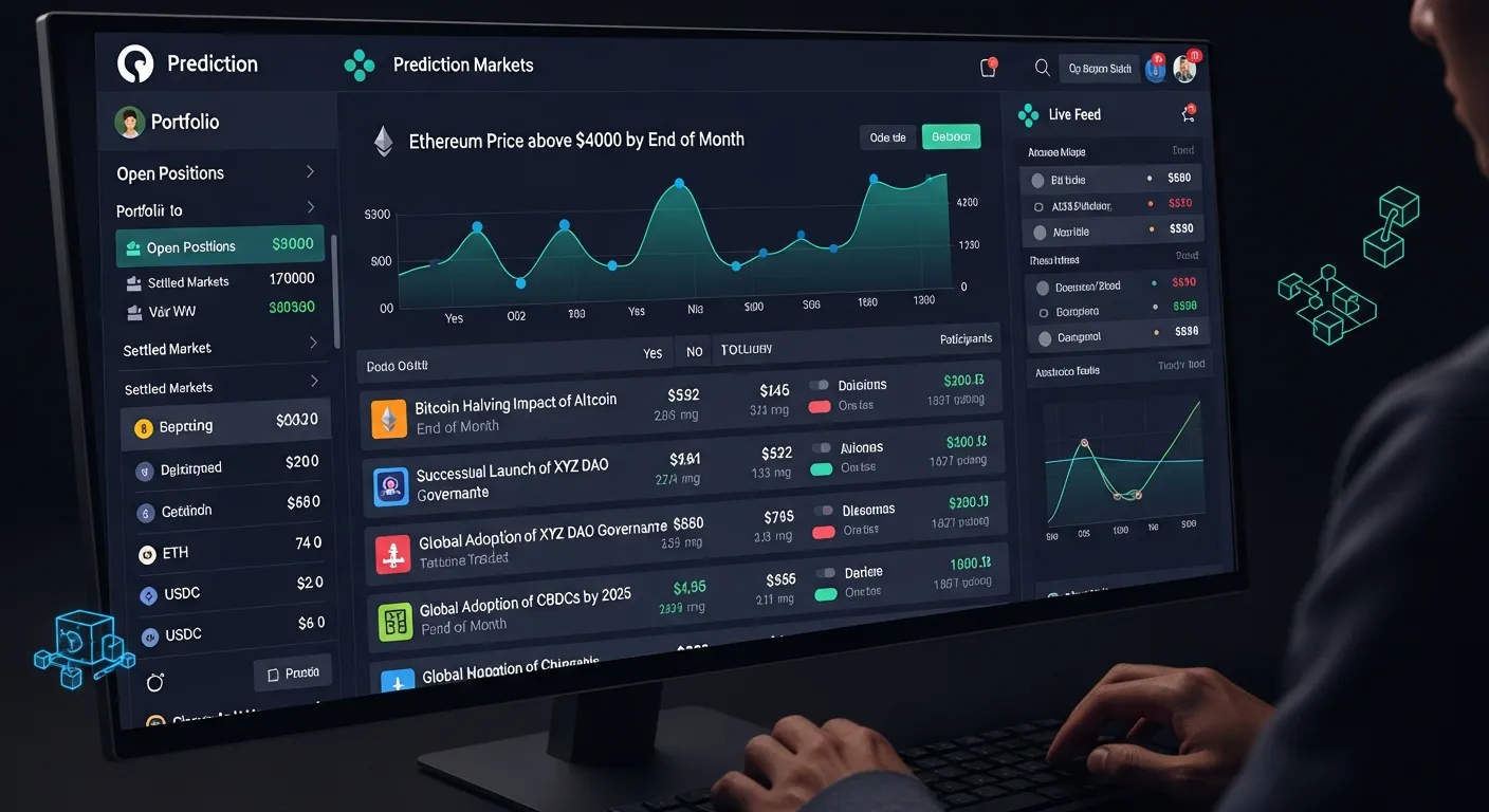 Crypto prediction markets dashboard showing odds and volumes on blockchain-based platform