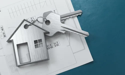 Mortgage, investment, real estate and property concept - close up of house keys. 3d rendering