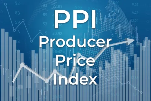 PPI Financial term PPI (Producer Price Index) on blue finance background from graphs, charts, columns, candles, bars, numbers. Trend Up and Down, Flat. 3D illustration