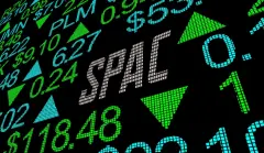 The image shows a digital stock ticker with the word "SPAC" highlighted among green arrows, symbolizing the fluctuating prices in the stock market.