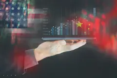 Stock market investment trading financial. United States China flag to analyze profitable business finance trend data background