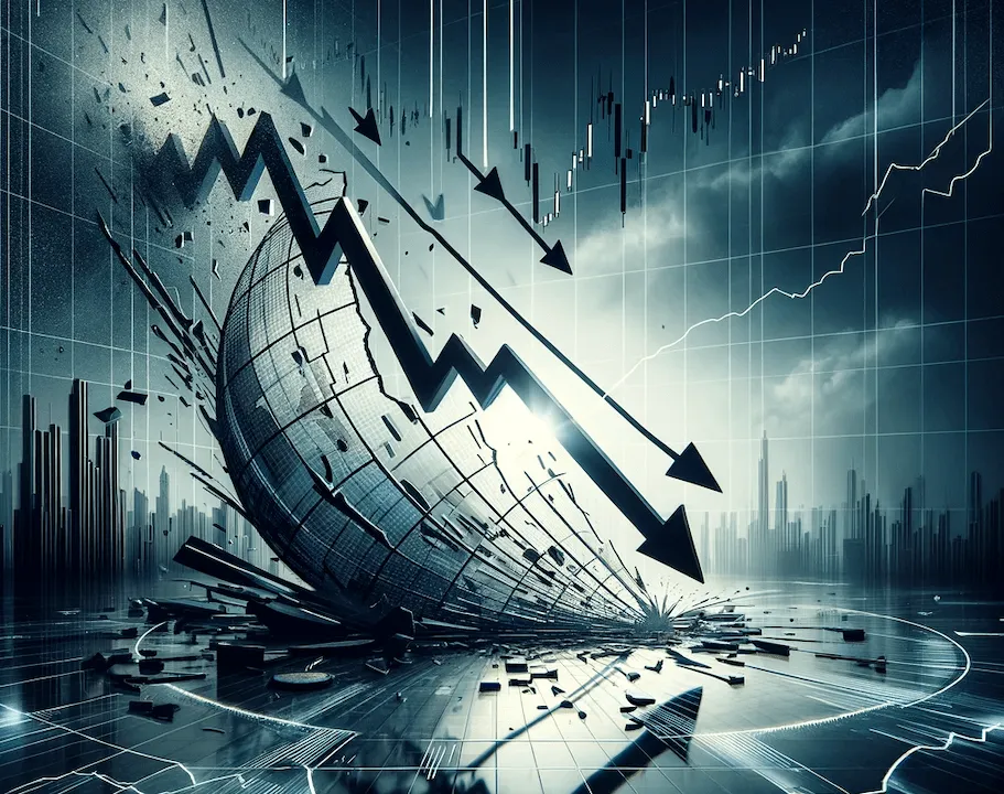 AI Image visually interpreting the concept of market crash risk with elements that signify financial instability and urgency.