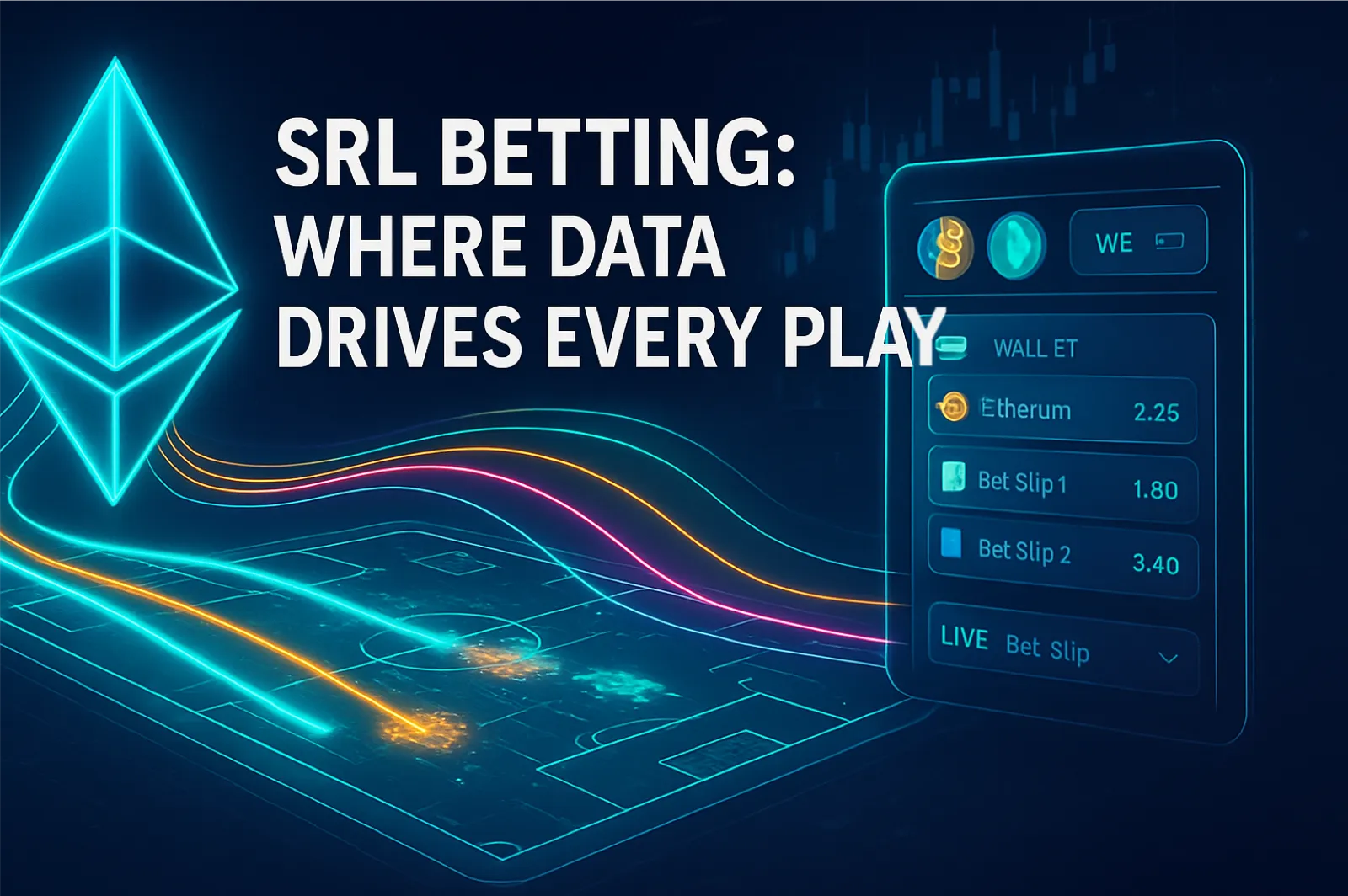 Data streams and complex algorithms flow around a digital sports field, with glowing lines connecting a cryptocurrency symbol to a betting platform, highlighting the analytical and data-driven nature of SRL betting.