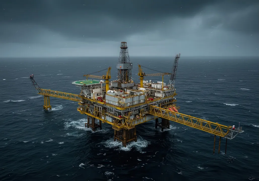 Isolated Offshore Oil Rig Against Dark Stormy Skies Surrounded by Turbulent Ocean Waves in Dramatic Weather Conditions