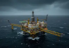 Isolated Offshore Oil Rig Against Dark Stormy Skies Surrounded by Turbulent Ocean Waves in Dramatic Weather Conditions