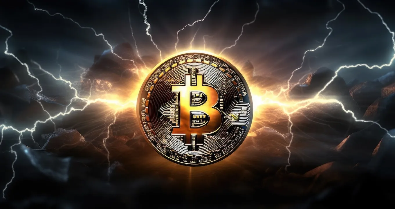 Glowing Bitcoin against dark fork lightning sky