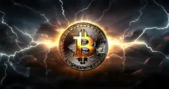 Glowing Bitcoin against dark fork lightning sky