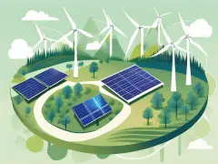 An Illustration of clean energy including windmills and solar panels, trees and clouds