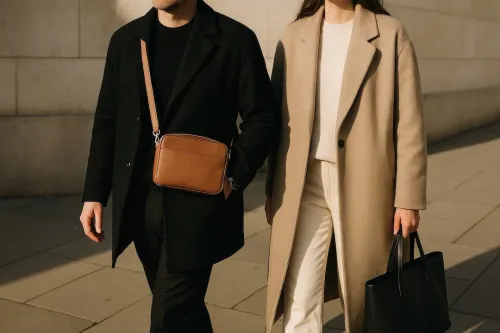 Stylish urban fashion duo walking.