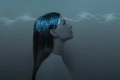 Young girl with closed eyes and neon glowing brain. Women's Mental Health and Meditation