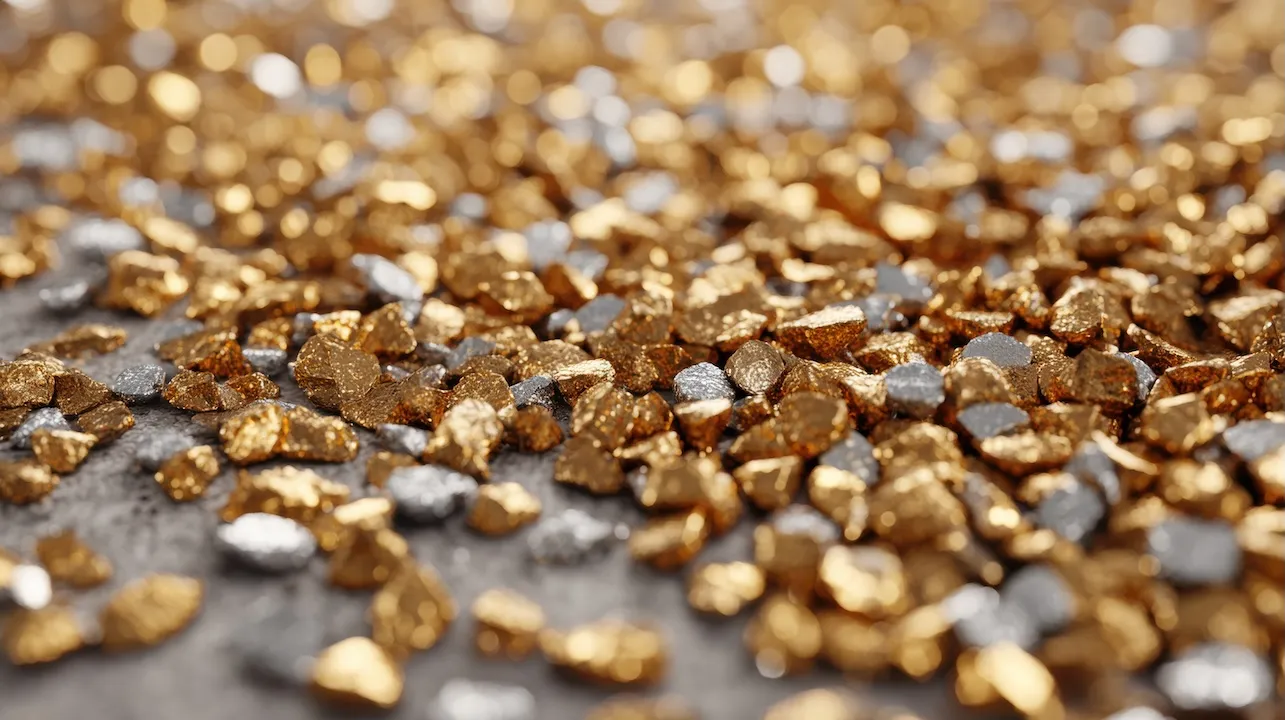 A scattering of small gold and silver nuggets on a surface, creating a textured, metallic landscape.