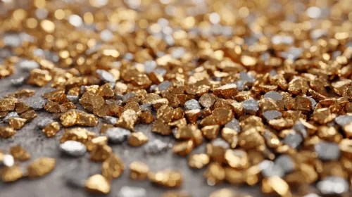 A scattering of small gold and silver nuggets on a surface, creating a textured, metallic landscape.