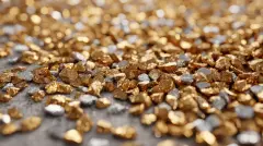 A scattering of small gold and silver nuggets on a surface, creating a textured, metallic landscape.