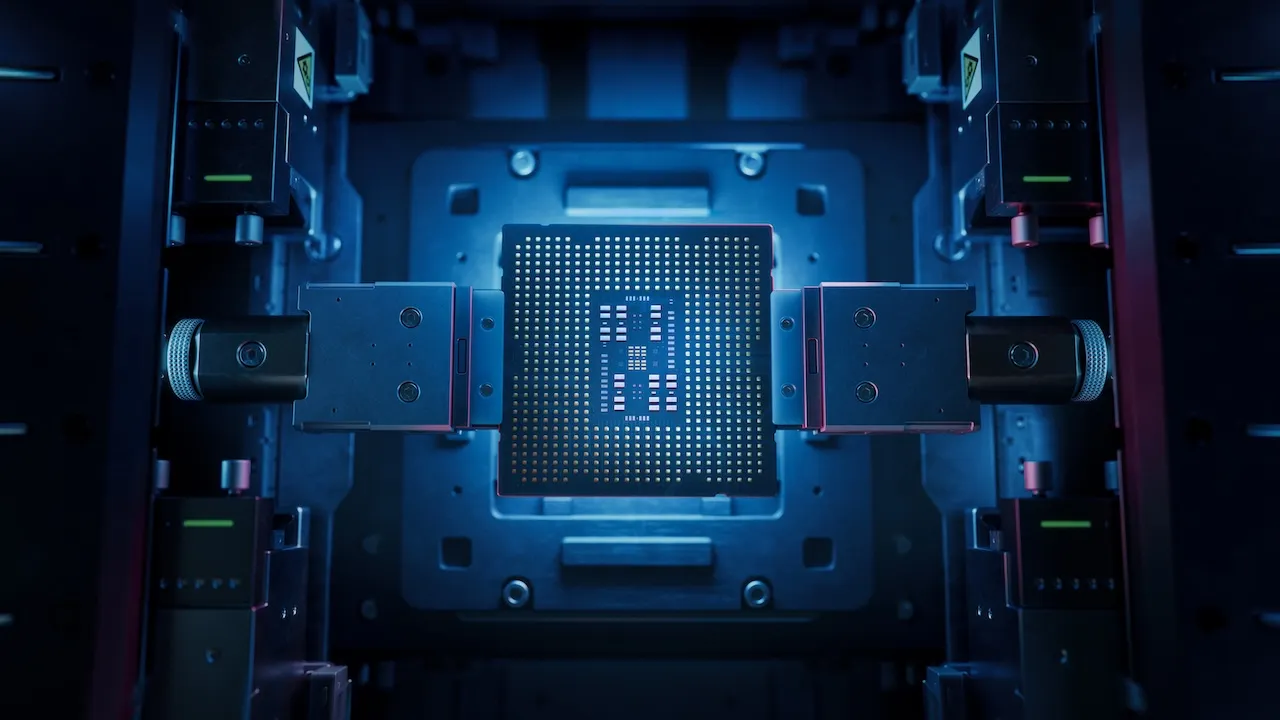 Top View of Computer Chip on Conveyor Line during Production and Packaging Process on Semiconductor Fab. 