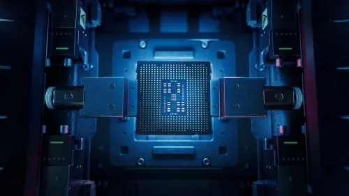 Top View of Computer Chip on Conveyor Line during Production and Packaging Process on Semiconductor Fab. 