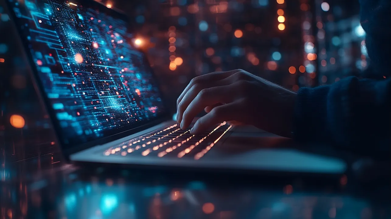 Data science digital technology concept Computer science engineer programming on laptop at office data exchange system control and data management with Ai Business and Artificial intel 