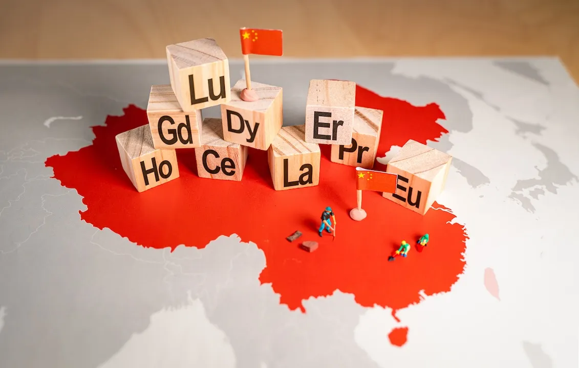 Rare earth elements over a map of China. China is the dominant global supplier of rare earths, 17 minerals that are indispensable to the manufacturing of smartphones, electric vehicles, military equip...
