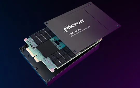 Micron 256GB Memory Expansion Module deconstructed on dark background