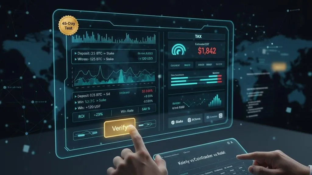 Crypto betting tracker comparison dashboard showing Koinly, CoinTracker, and Rotki interfaces with tax calculation features