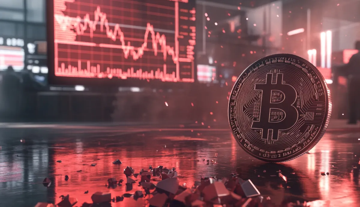 Crypto crash shown with Bitcoin in front of red downward price charts