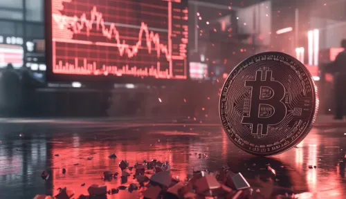 Crypto crash shown with Bitcoin in front of red downward price charts