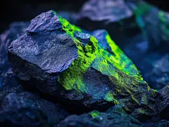 Uranium ore glowing under black light laboratory closeup image scientific environment macro view radiative elements