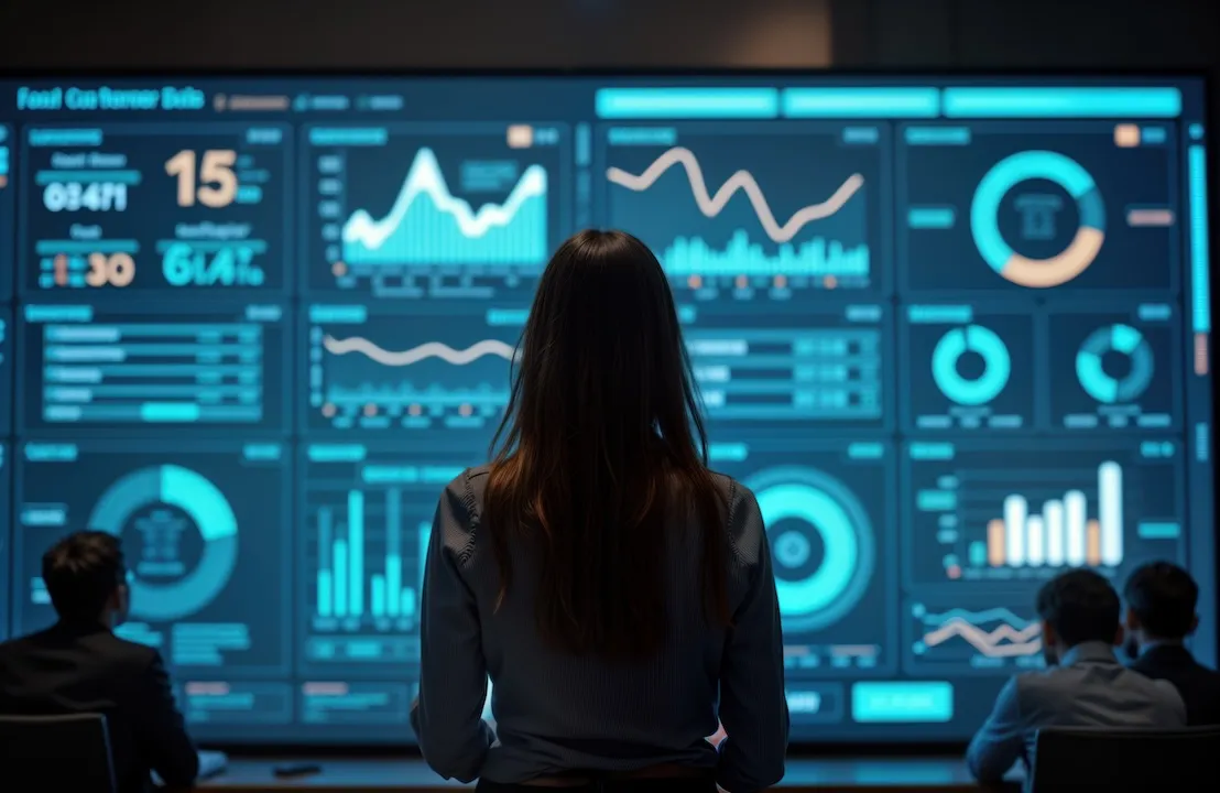 Team analyzes futuristic data displays. Tech experts review marketing insight. Mapping customer journeys. Planning brand strategies. Modern tech dashboard with graphs. Team collaborates in office
