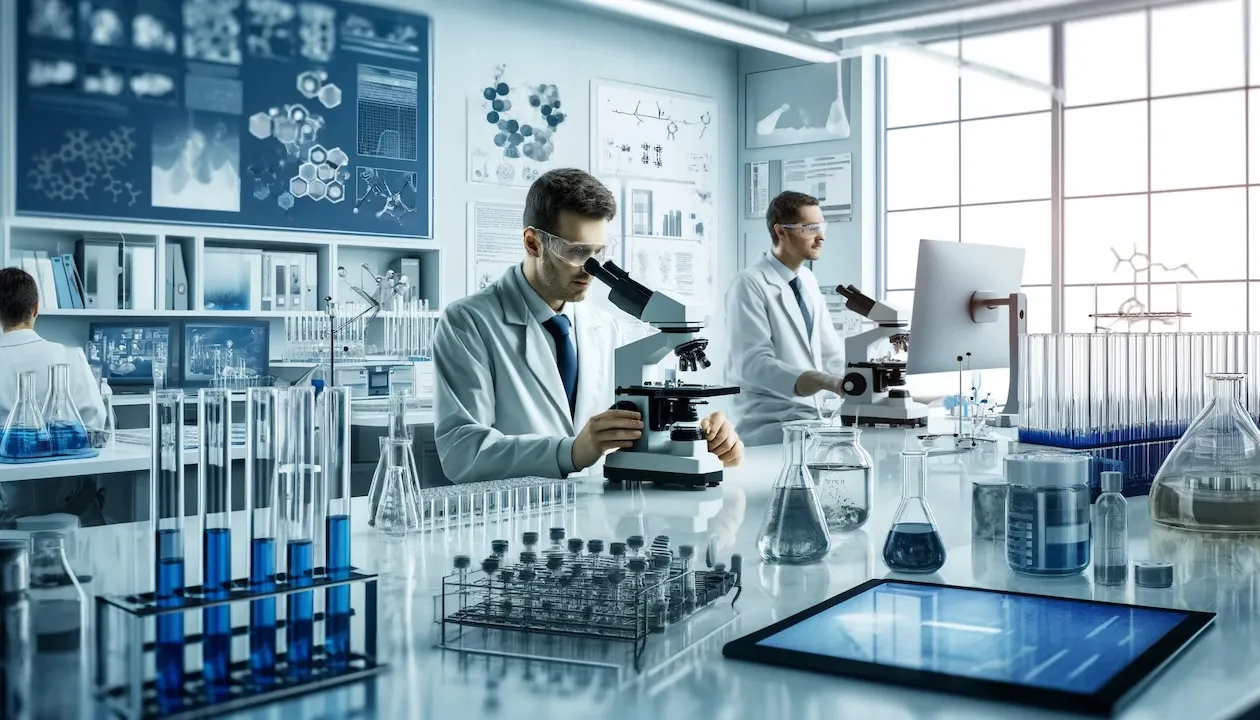 a modern laboratory setting with scientists working on drug discovery.