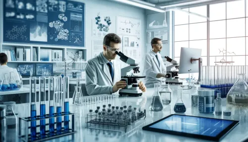 a modern laboratory setting with scientists working on drug discovery.