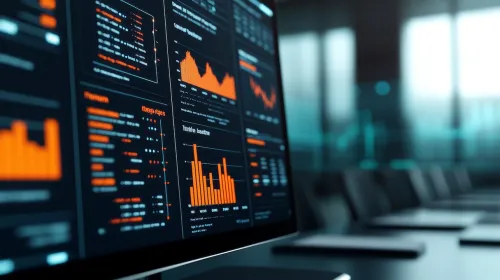 A close-up of a computer screen displaying data analytics with vibrant orange charts and graphs, set against a blurred office background.