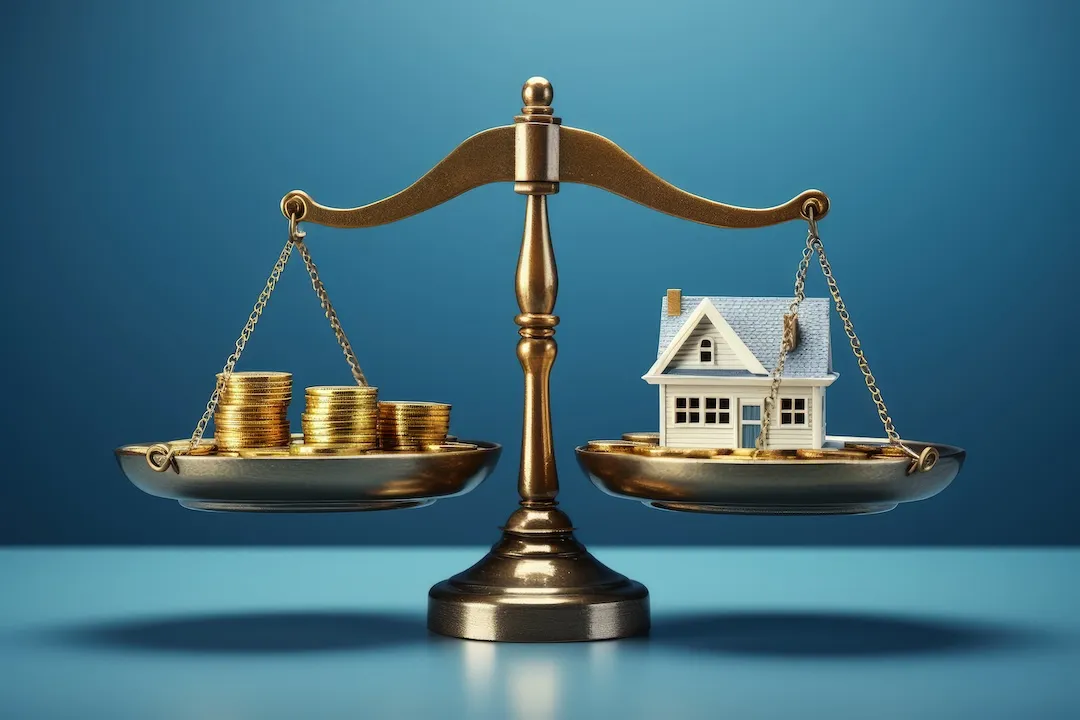 Scales with house and stack of coins on blue background, real estate market concept, Generative AI