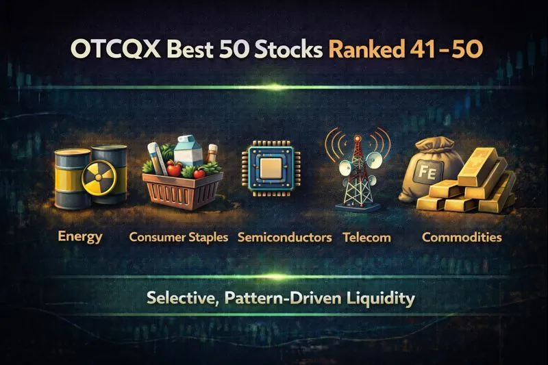 Infographic titled "OTCQX Best 50 Stocks Ranked 41 - 50" with icons for Energy, Commodities, Telecom, and Consumer Staples.