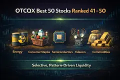 Infographic titled "OTCQX Best 50 Stocks Ranked 41 - 50" with icons for Energy, Commodities, Telecom, and Consumer Staples.