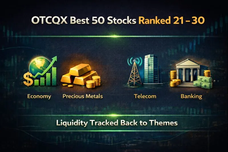 Infographic titled "OTCQX Best 50 Stocks Ranked 21 - 30" with four evenly spaced icons: Economy, Precious Metals, Telecom, and Banking.