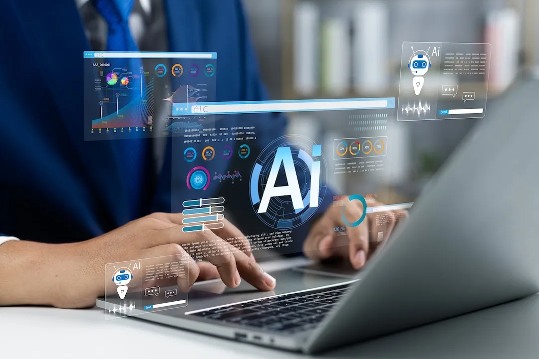 Businessman use artificial intelligence AI technology for enhanced work efficiency data analysis and efficient tools, Unlocking work potential with AI 