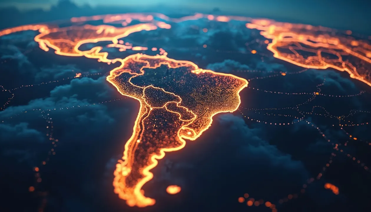 Illuminated world map with glowing pathways connects cities in Latin America. Digital marketing reach, global connection. Represents business expansion, international strategy, online connectivity,