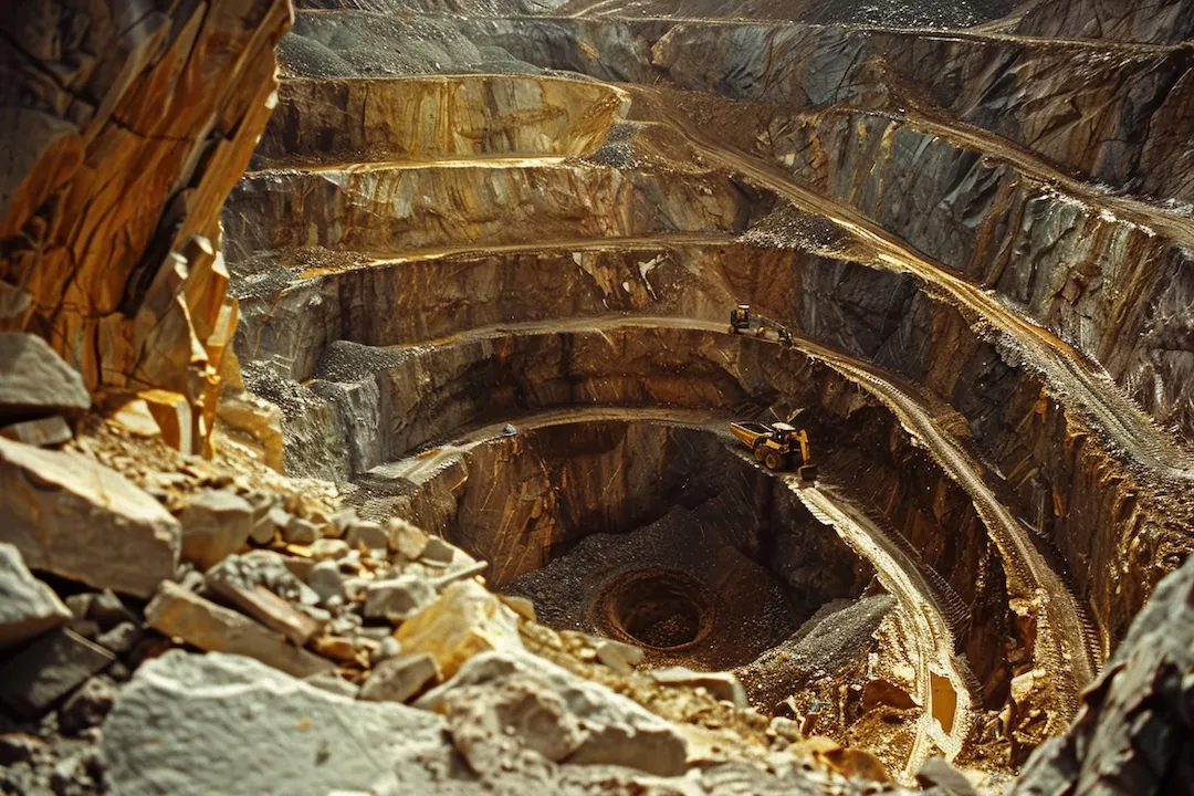 A gold mine with workers extracting gold for reserves. Gold Mine