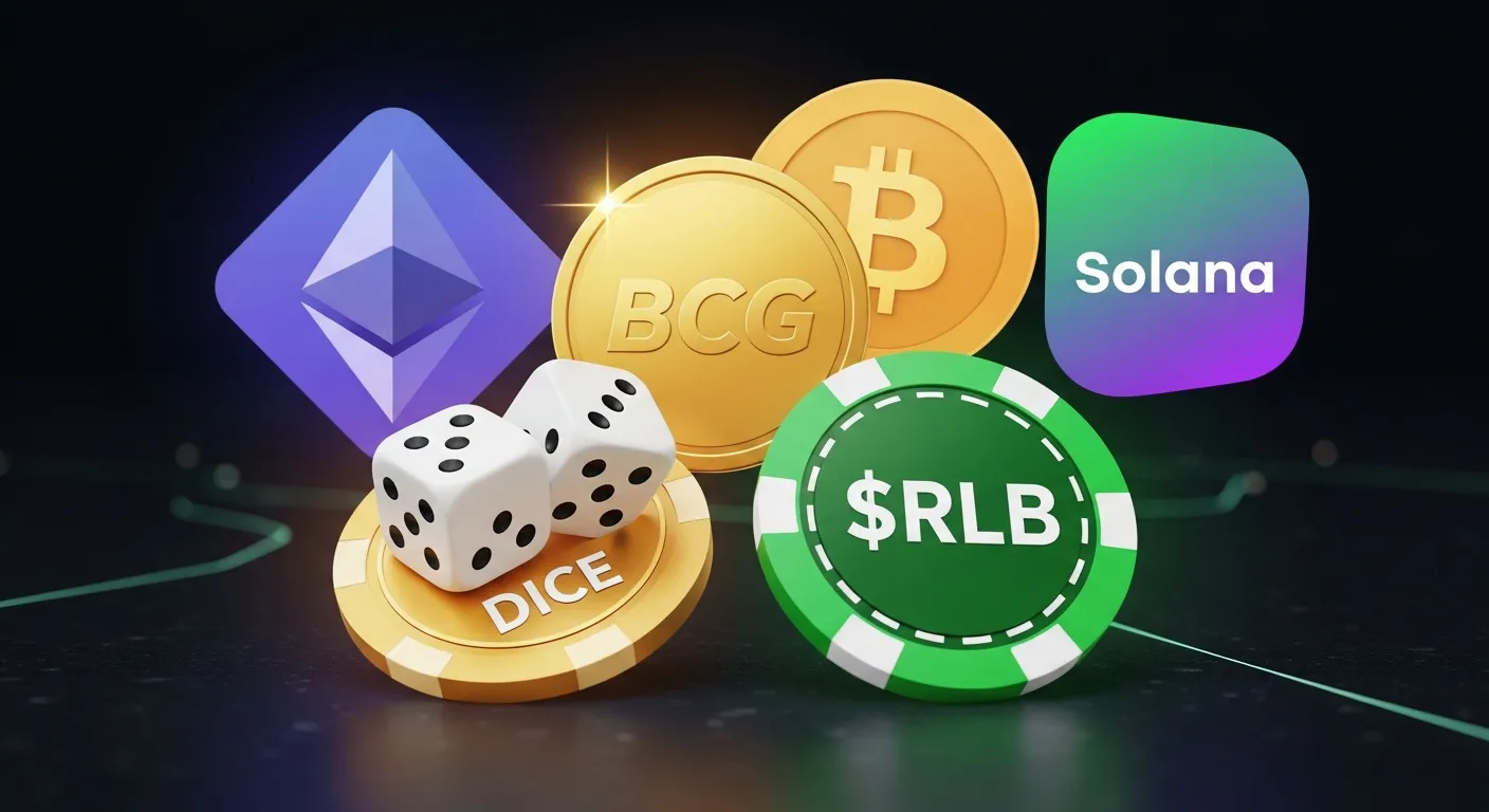 Crypto gambling tokens DICE, BCG and $RLB illustrated with Ethereum, Bitcoin and Solana icons