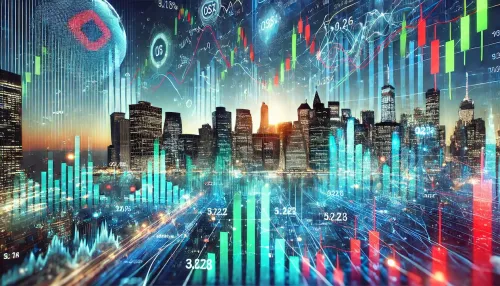 Digital stock board with gains, losses, graphs, and city skyline.