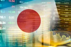Japanese Flag against stock market boards