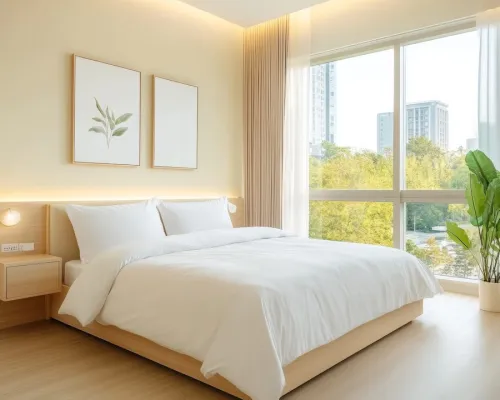 Modern Minimalist Bedroom Interior with City View