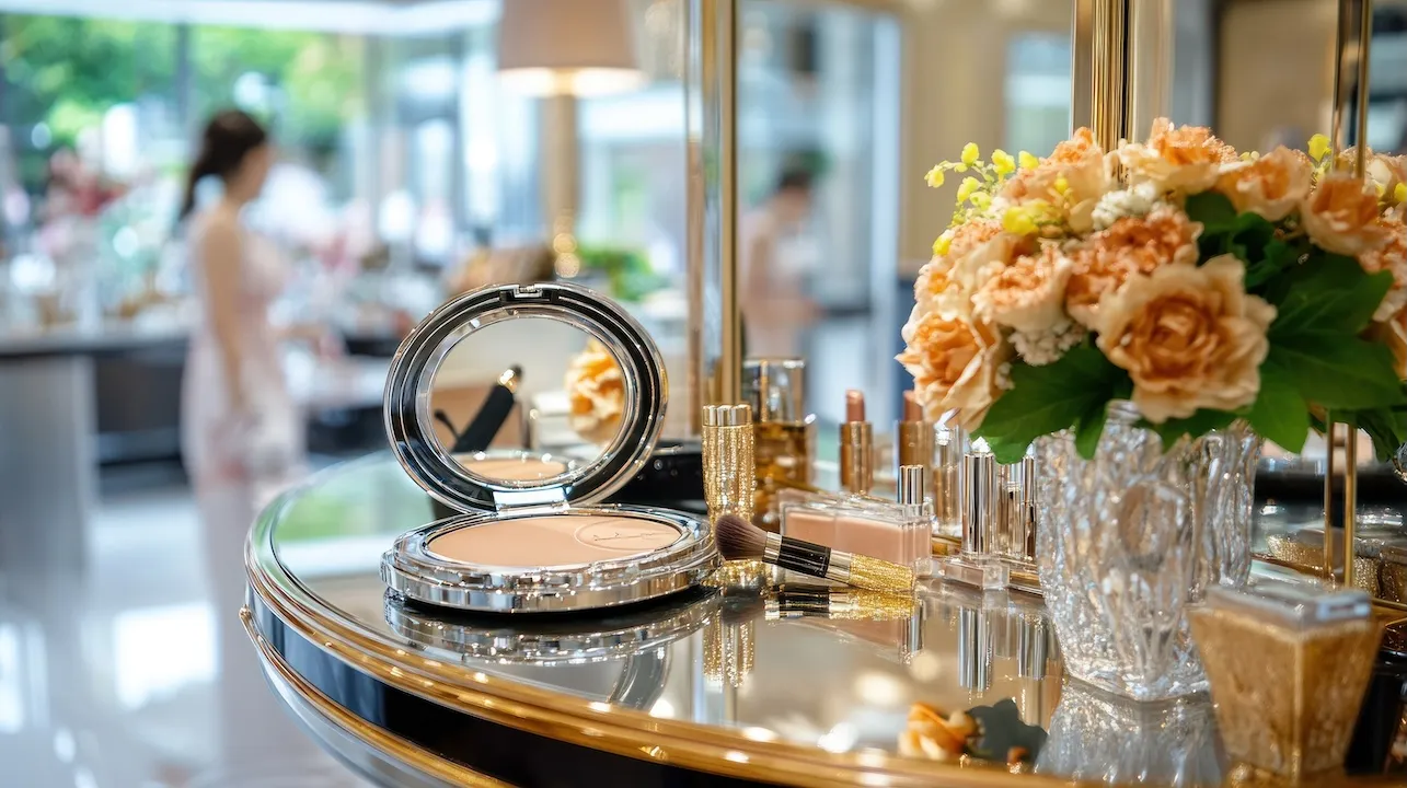 Cosmetics on ornate vanity with reflection and blooms