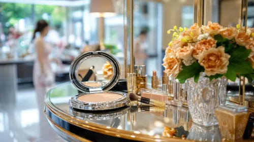 Cosmetics on ornate vanity with reflection and blooms