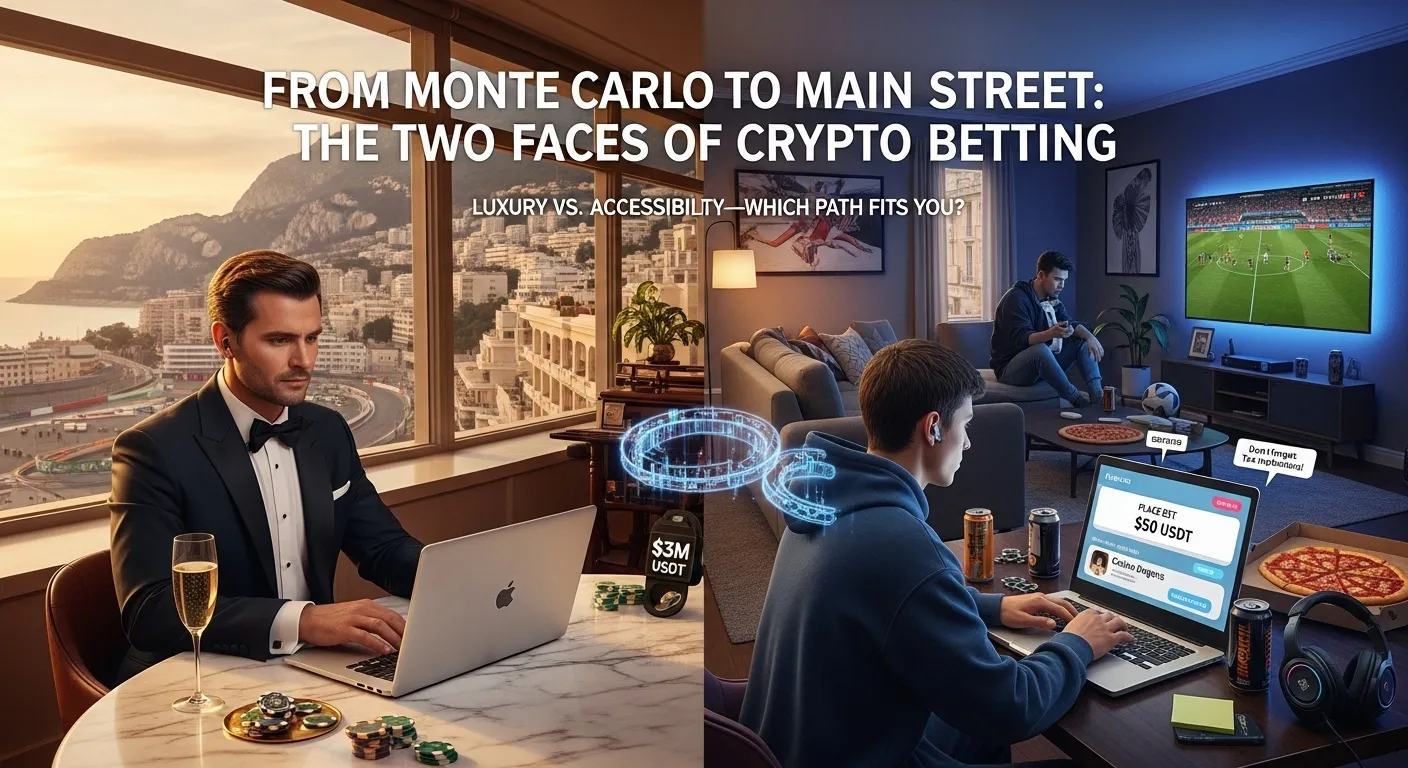 Split-screen illustration of a whale in a VIP casino and a retail bettor using a Telegram gambling bot