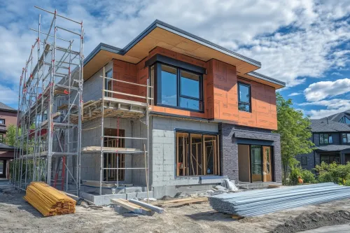 Modern home under construction with vinyl windows and doors surrounded by scaffolding in canada